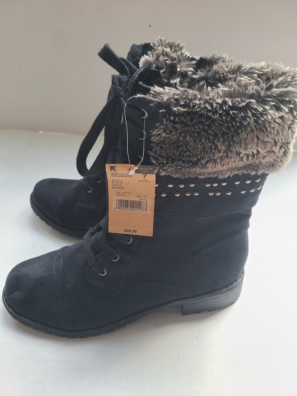 Route 66 Black Lace-Up Ankle Boots with Faux Fur Cuff and Stud Accents